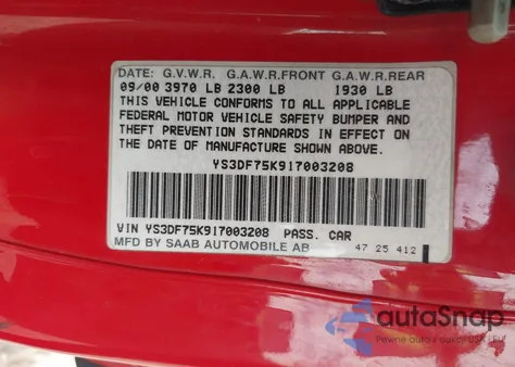 2001 Saab 9-3 Se z USA, uszkodzony, nr VIN YS3DF75K917003208